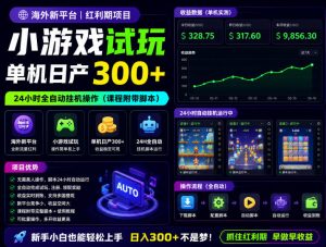 海外新平台，小游戏试玩，单机日产300+，24小时全自动挂G操作(课程附带脚本)【揭秘】-网创项目总站