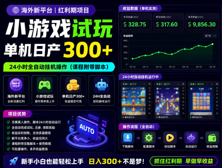 海外新平台，小游戏试玩，单机日产300+，24小时全自动挂G操作(课程附带脚本)【揭秘】-网创项目总站
