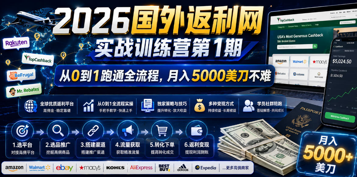 2026国外返利网实战变现营-第一期，从零拆解项目逻辑与流程，跑通完整变现链路，月入5000美金-网创项目总站
