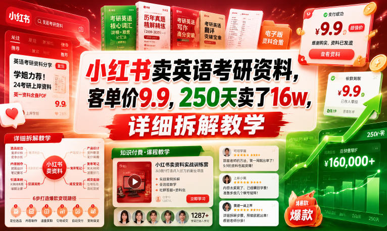 小红书卖英语考研资料，客单价9.9，250天卖了16w，详细拆解教学-网创项目总站