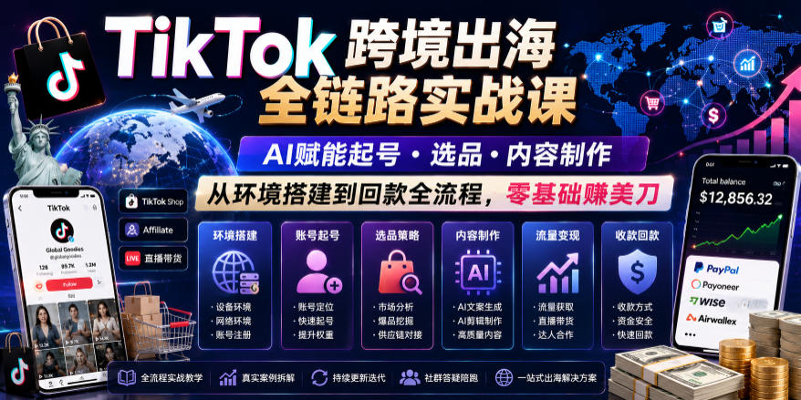 TikTok跨境出海全链路实战课，AI赋能起号・选品・内容制作，从环境搭建到回款全流程，零基础賺美刀-网创项目总站