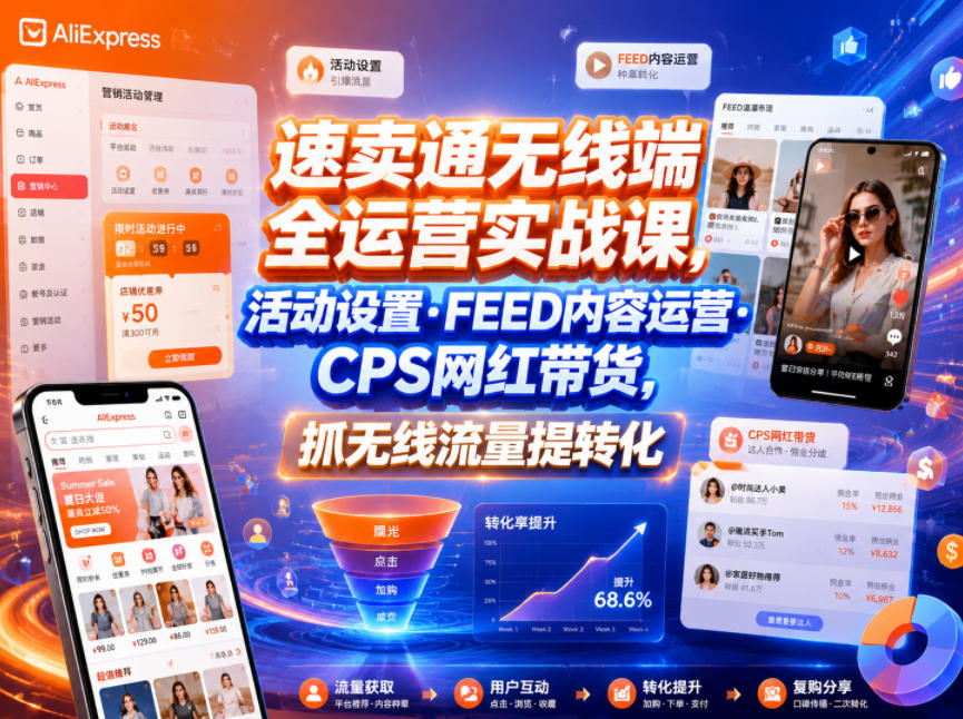 速卖通无线端全运营实战课，活动设置・FEED内容运营・CPS网红带货，抓无线流量提转化-网创项目总站