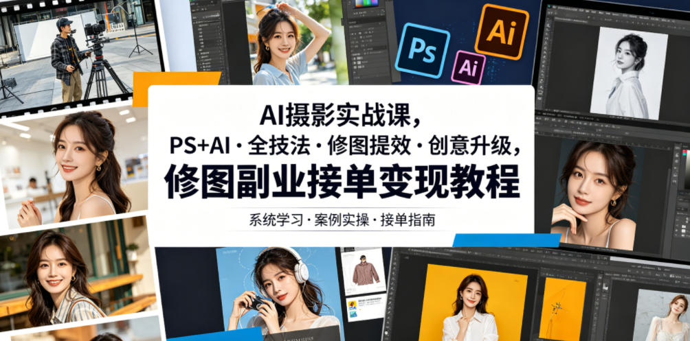 AI摄影实战课，PS+AI・全技法・修图提效・创意升级，修图副业接单变现教程-网创项目总站