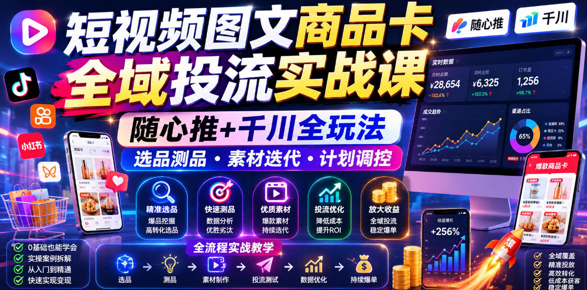 短视频图文商品卡全域投流实战课，随心推+千川全玩法，选品测品・素材迭代・计划调控，提升ROI爆单增收教程-网创项目总站