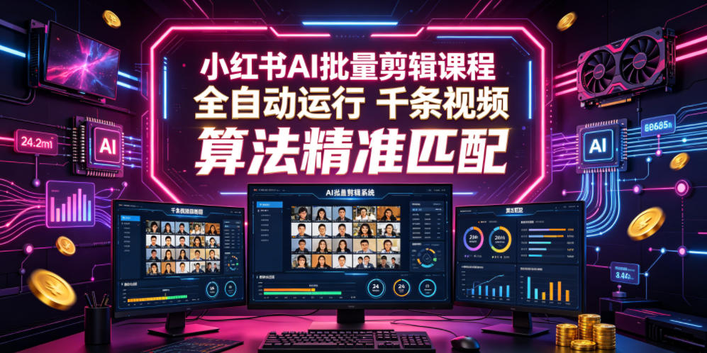 小红书AI批量剪辑课程，24小时全自动运行，解放双手专注运营，千条视频批量处理，小红书算法精准匹配-网创项目总站