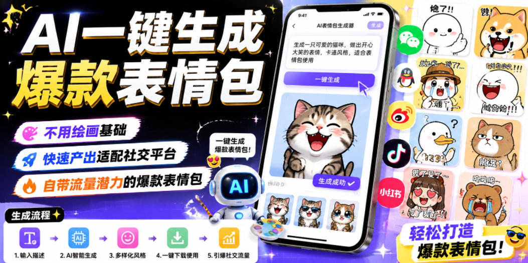 AI一键生成爆款表情包，不用绘画基础，快速产出适配社交平台，自带流量潜力的爆款表情包-网创项目总站