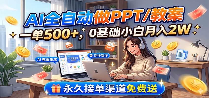 AI全自动做PPT/教案，一单500+，0基础小白月入2W，永久接单渠道免费送-网创项目总站