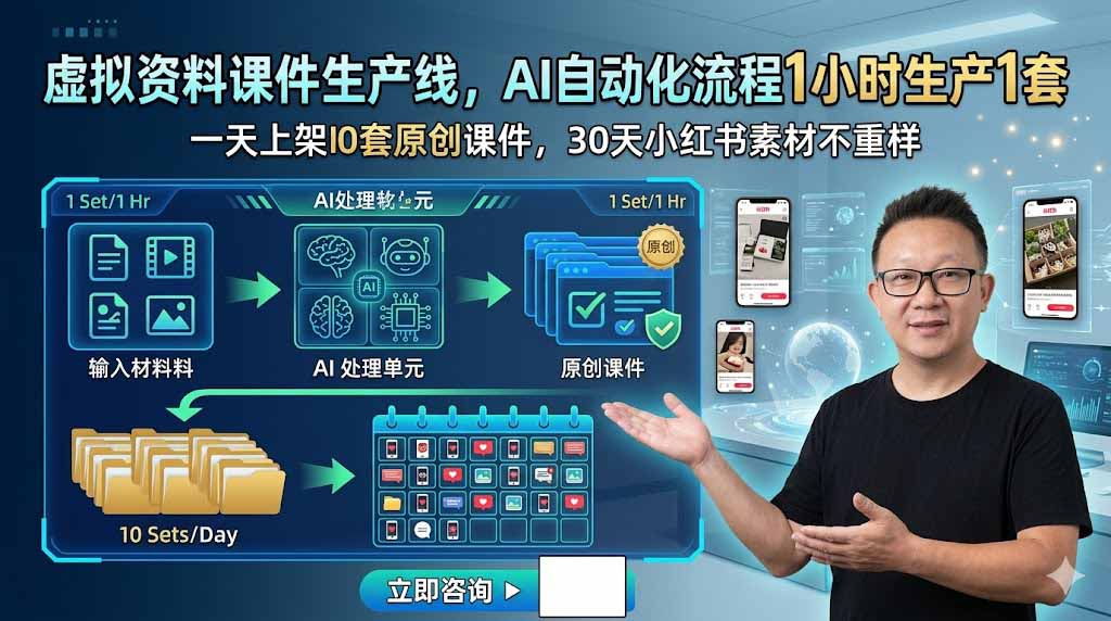 虚拟资料课件生产线，AI自动化流程1小时生产1套，一天上架10套原创课件，30天小红书素材不重样-网创项目总站