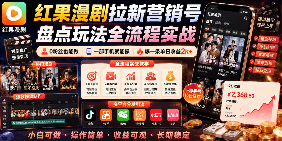 红果漫剧拉新营销号盘点玩法全流程实战，0粉丝也能做，一部手机就能做，爆一条单日收益2k+(更新0628)-网创项目总站