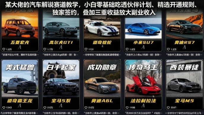 某大佬的汽车解说赛道教学，小白零基础吃透伙伴计划、精选开通规则、独家签约，叠加三重收益放大副业收入-网创项目总站