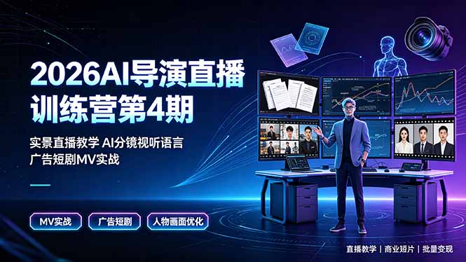 2026AI导演直播训练营第4期，实景直播教学AI分镜视听语言，广告短剧MV实战，解决人物画面崩坏痛点-网创项目总站