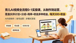 育儿AI视频全流程0-1实操课，从制作到运营，覆盖伙伴计划+分成+商单+收徒多种收益，每天500+收益-网创项目总站