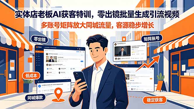 实体店老板AI获客特训，零出镜批量生成引流视频，多账号矩阵放大同城流量，客源稳步增长-网创项目总站