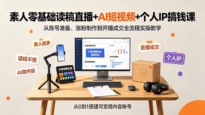 素人零基础读稿直播+AI短视频+个人IP搞钱课，从账号准备、涨粉制作到开播成交全流程实操教学-网创项目总站