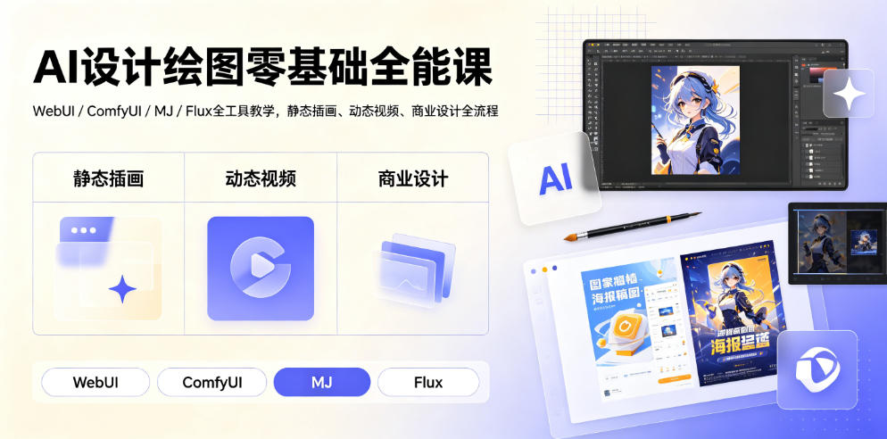 AI设计绘图零基础全能课｜WebUI/ComfyUI/MJ/Flux全工具教学，静态插画、动态视频、商业设计全流程-网创项目总站