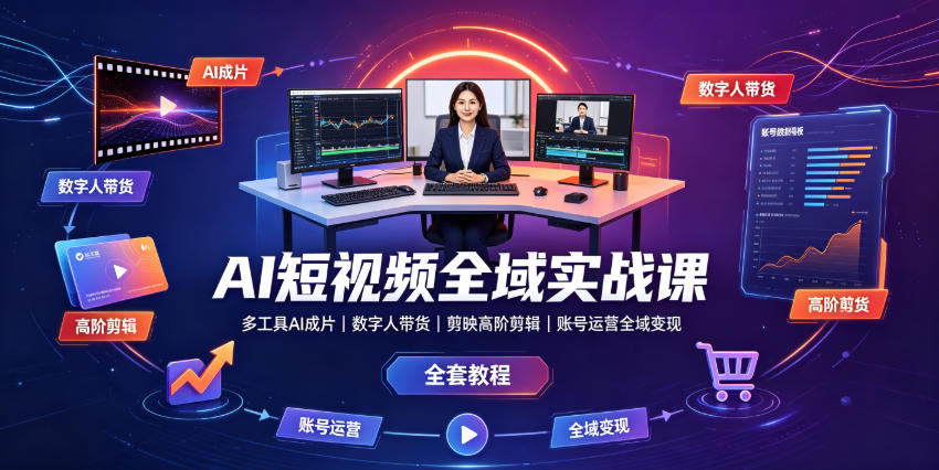 AI短视频全域实战课｜多工具AI成片、数字人带货、剪映高阶剪辑、账号运营全域变现全套教程-网创项目总站
